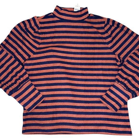 NWT Loft Rust/Brown & Navy Striped Soft Knit Mock Neck Top - Picture 2 of 9